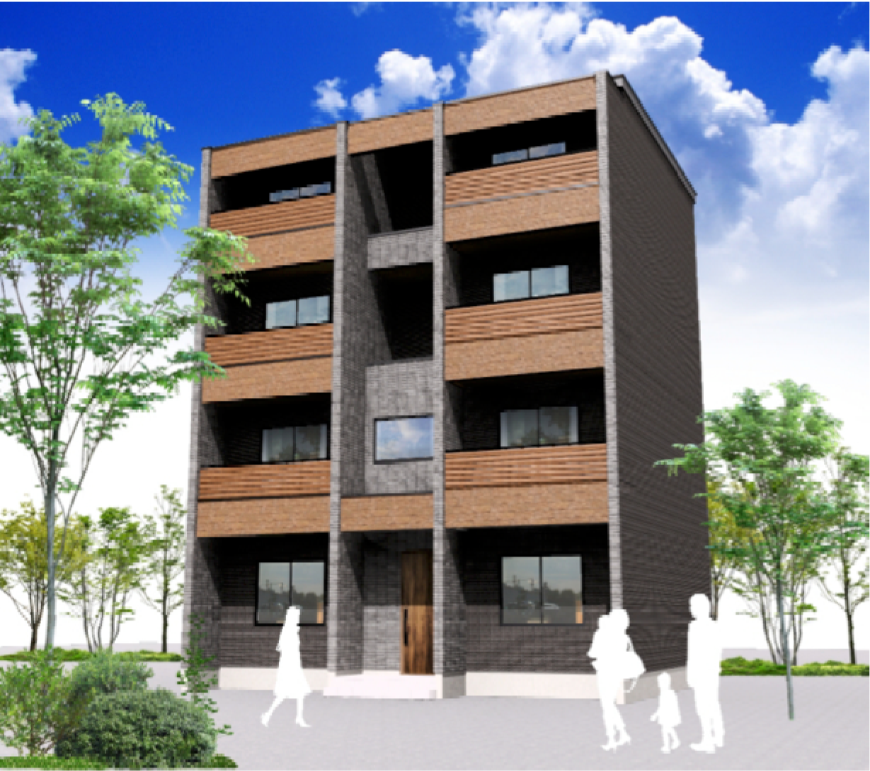 茶色い外観の4階建住居