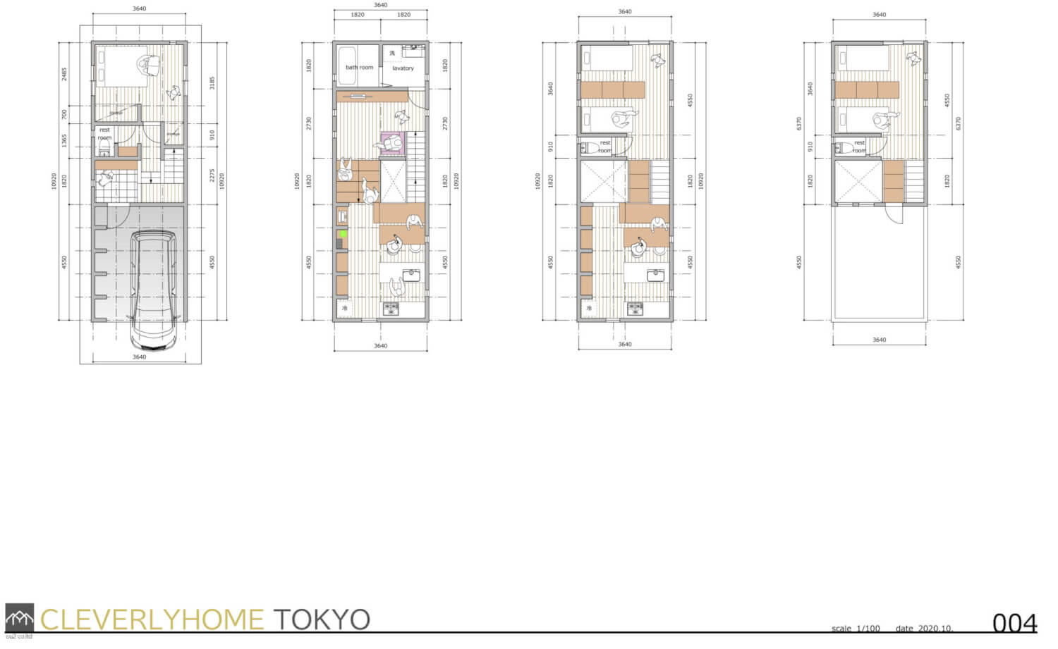 クレバリーホーム東京で建てた木造4階の間取り図の事例