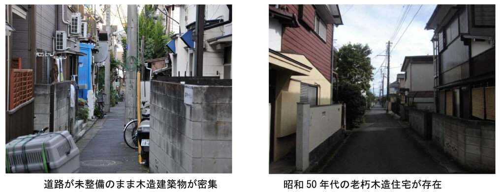 木造建築物が密集する、木造密集地域の風景